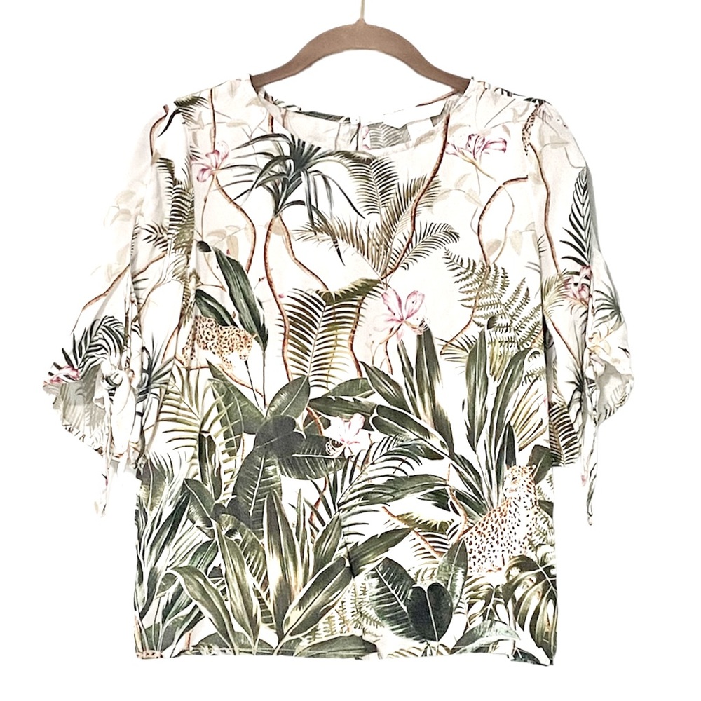 H&M Jungle Cheetah Leaf Pattern Blouse W/ Tie Knot Sleeves Size 4